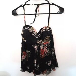 KONA SOL Black With Red Flowers Tankini Top One Piece Removable Strap Size Small
